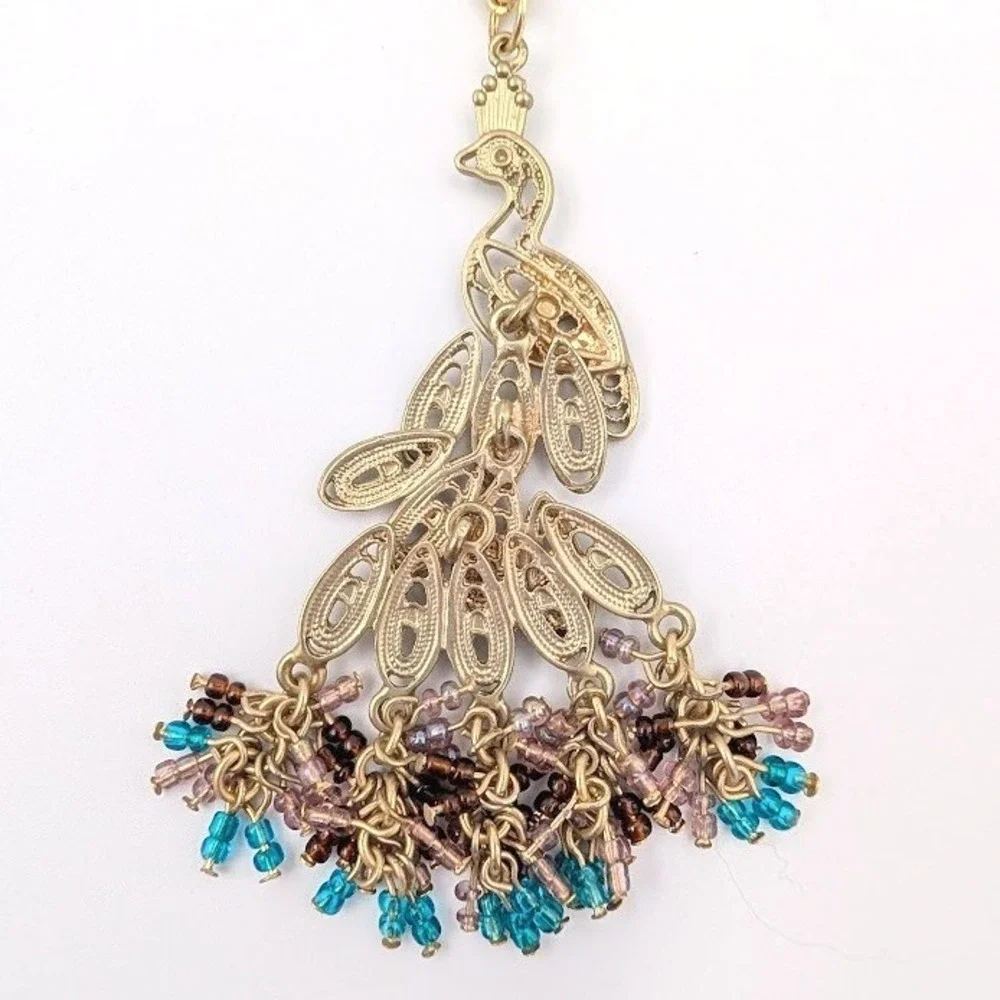 Boho Statement Necklace Lot Set of 3 Turquoise Color Bead Tassel Peacock Pendant